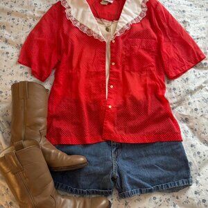Red Polkadot Vintage Button-up w/ Lace Collar